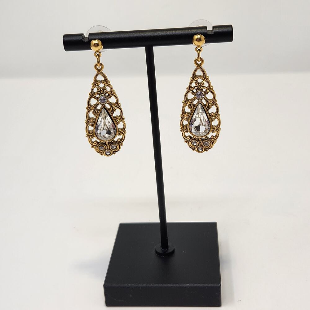 Teardrop Gold Tone Clear Rhinestone Dangle Drop Post Earrings Scrollwork Jewelry